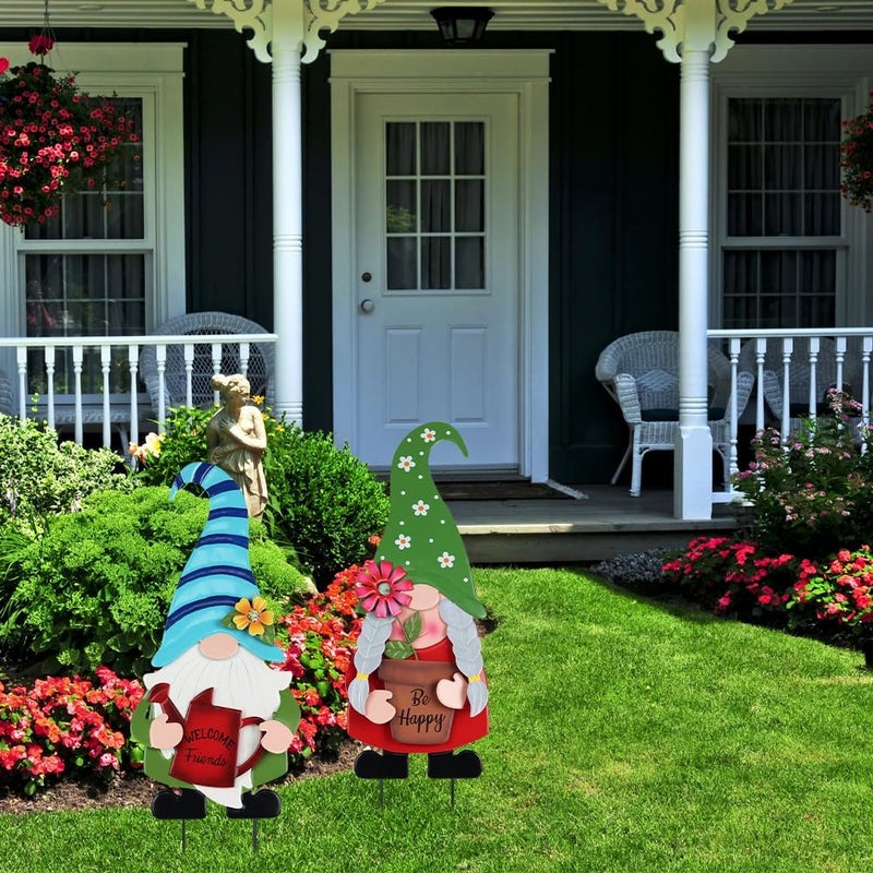 YEAHOME Garden Decor for Outside, Set of 2 Metal Gnomes 27.6” Decorative Garden Stakes with Flowers for Spring Decor, Yard Art Stakes for Outdoor Lawn Backyard Porch Garden Decorations - Image 5